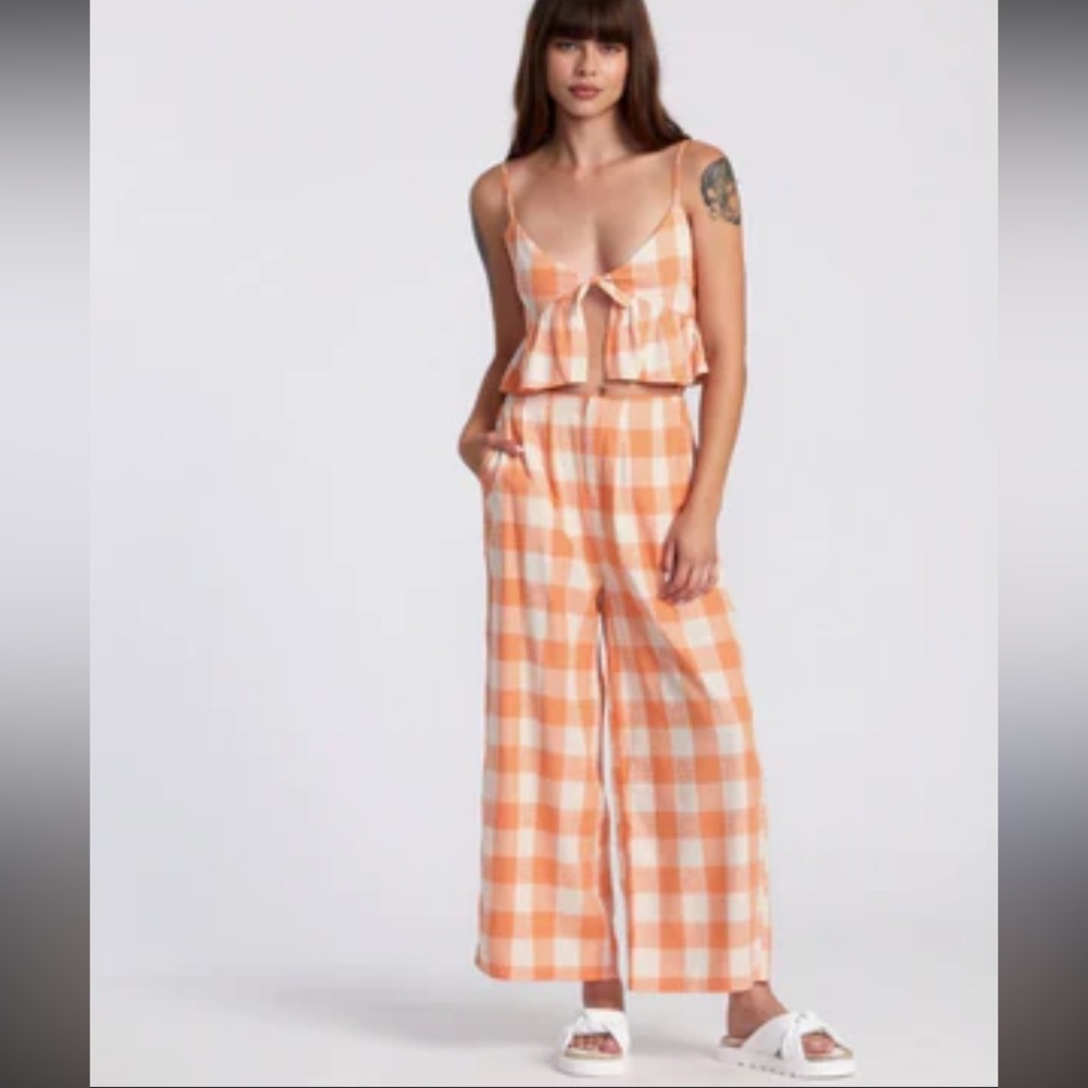 Rvca nwt orange checker flower trousers pants classic summer fall boho casual
